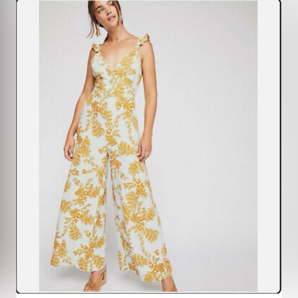 Free People Be The One Floral Wide Leg Ruffle Mint Blue Gold Jumpsuit Size 6
